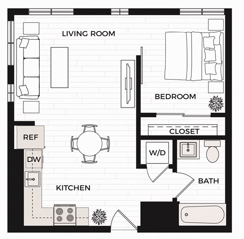 Floor plan for 1 bed, 1 bath, 578 sqft